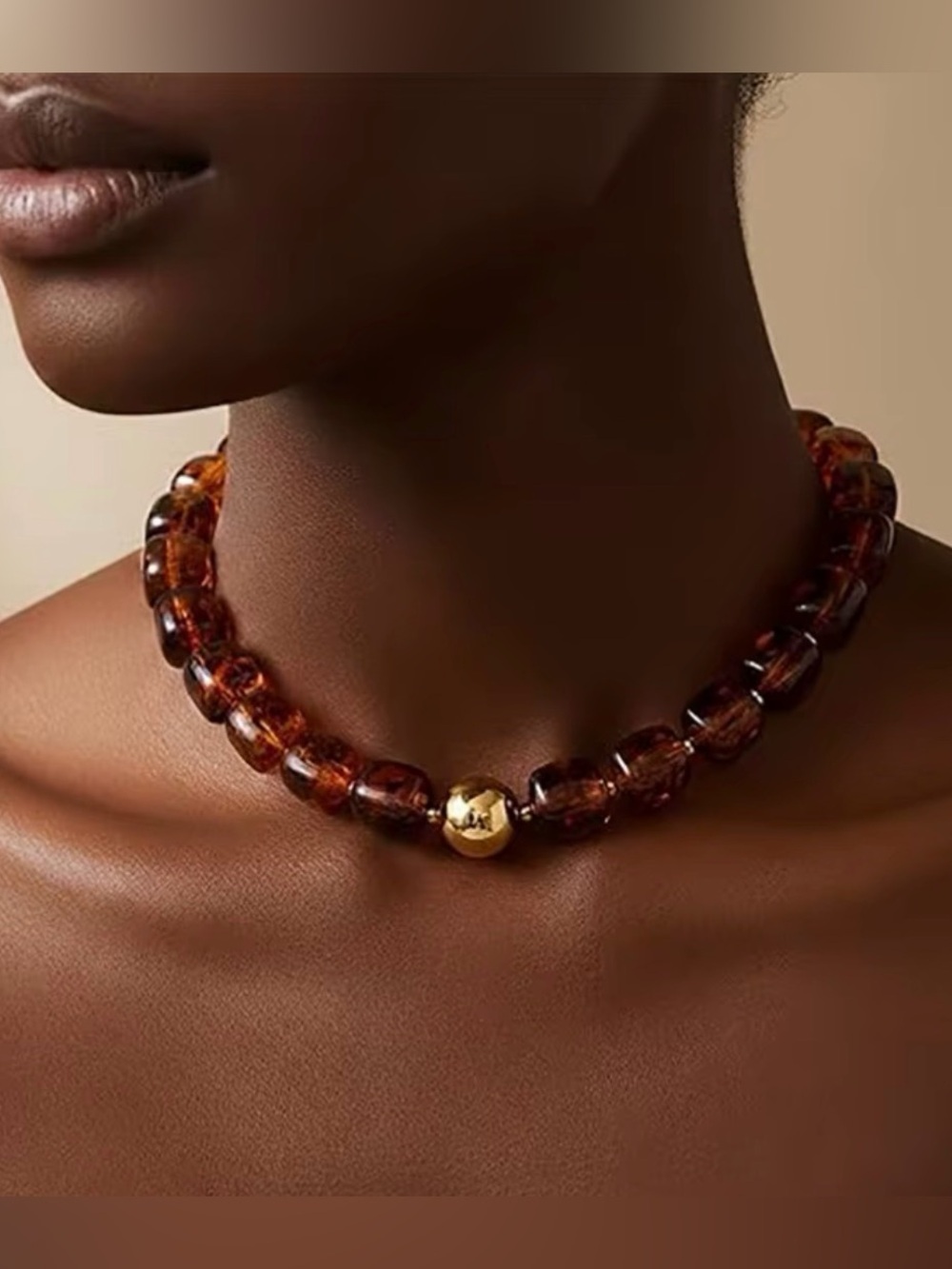 Handcrafted Amber-Tone Bead Necklace with Gold Accents - Women Jewelry